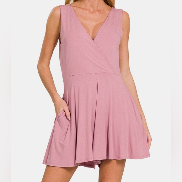 Zenana Outfitters Pants - NEW Zenana Pastel Pink Wrap Neckline Sleeveless Wide Leg Romper